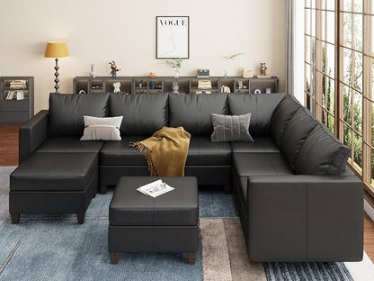 EASE MOOSE Faux Leather Sectional Sofa with Storage,Large U Shaped Faux Leather Modular Couch Sofa, Black