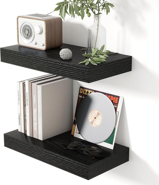 Heimlove 16 Inch Floating Shelves for Wall Black Shelves Set of 2,Wall Mounted Rustic Wood 8 Inch Deep Floating Shelf with Invisible Brackets for Bedroom Kitchen Living Room