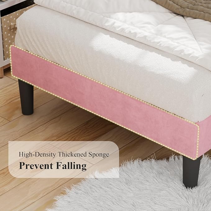 VECELO Twin Size Bed Frame with Diamond Tufted Headboard, Upholstered Platform Bedframe with Wood Slat Support, No Box Spring Needed, Velvet & Pink