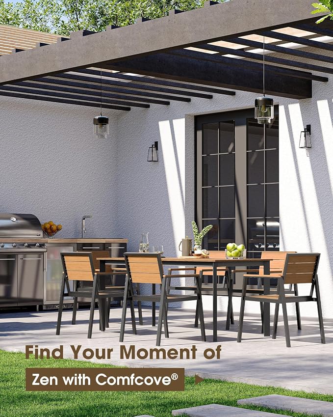 Outdoor Dining Table, Aluminum Patio HDPS Outdooor Table with Umbrella Hole, All Weather Patio Furniture Set, Patio Dining Table (Gray & Teak)