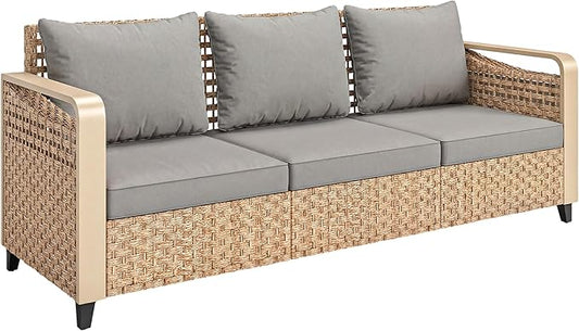 Outsunny Outdoor Patio Couch with Wide and Deep Seat, 3 Seater Wicker Outdoor Sofa with Wide Metal Armrests, Patio Furniture Couch with Cushions for Porch, Garden, Backyard, Gray | Removable Covers