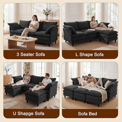 3 Seater L-Shape Couch Sofa with Ottoman, 69" Small Couch Modern Comfy Cloud Chenille Sofa 23" Deep with Washable Pillow Cover Couches for Living Room Bedroom Apartment Office 69-Black-L