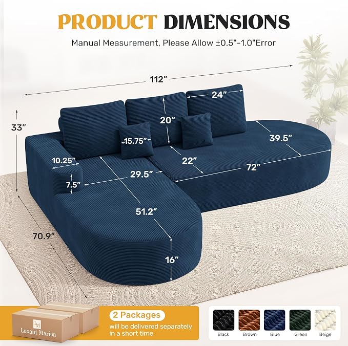 112" Modern Curved Cloud Couch, Boneless Couches for Living Room with Deep Seat, Memory Foam Compressed Modular Sectional Sofa, No Assembly Required,Navy Blue 1 PCS