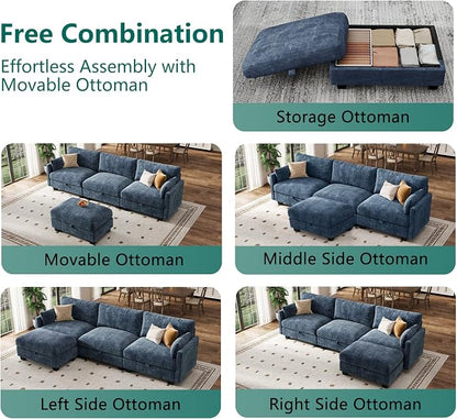 Modular Sectional L Shaped Sofa Couches for Living Room, Cloud Couch with Storage Ottoman, Comfy Chenille Sofa with Pillow, Blue