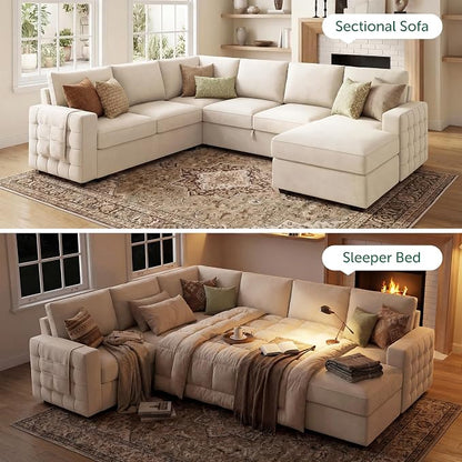 HONBAY Sectional Sleeper Sofa with Pull-Out Bed Storage Chaise, 6 Seaters Couch for Living Room, Beige