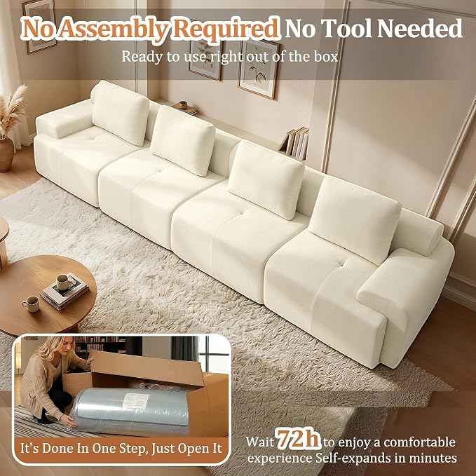 159" Oversized Boneless Couch, Comfort Cloud Sectional Couches for Living Room, Modular Sofa High Back & Extra Deep Seat, No Assembly, Soft Chenille Fabric (Warm White, 159 inch-（4+0）)
