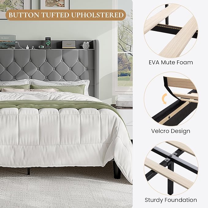 SHA CERLIN Queen Size Platform Bed Frame with Charging Station, Velvet Wingback Headboard with Storage Shelf, Wooden Slats Support, Ample Under-Bed Space, No Box Spring Needed, Easy Assembly, Grey