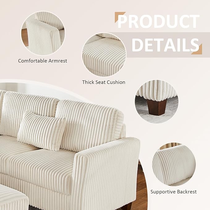 VANOMi Sectional Corner Couch, Corduroy L Shaped Sofa, 6-Seat Couch,Beige