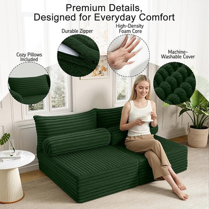 MeMoreCool Convertible Sofa Bed, Folding Floor Couch Bed Queen, Pull Out Sleeper Couch with Pillows, Fold Out Futon Sofa for Bedroom Living Room Small Space, Corduroy Green