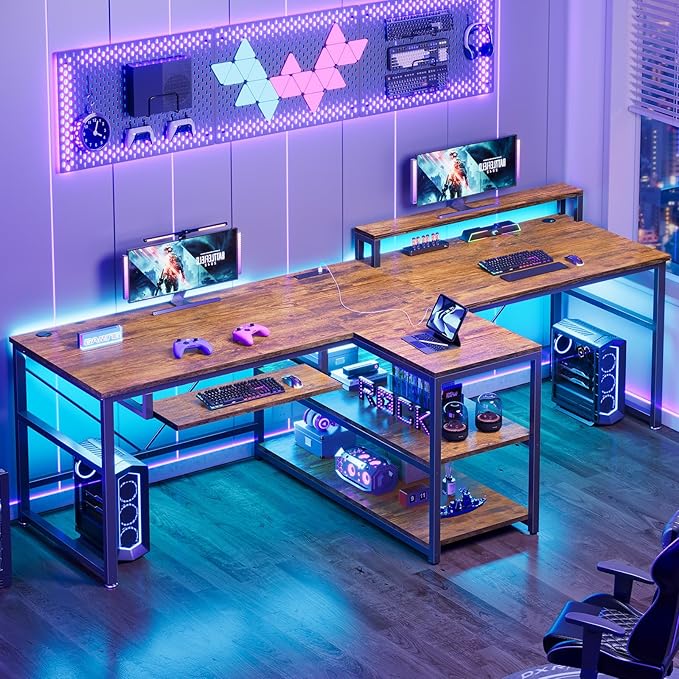 SEDETA 94.5" Home Office Desks, Computer Gaming Desk with Storage, LED Lights, Power Strip with USB, Keyboard Tray & Monitor Stand, Extra Long Double Desk for 2 Person, Rustic Brown