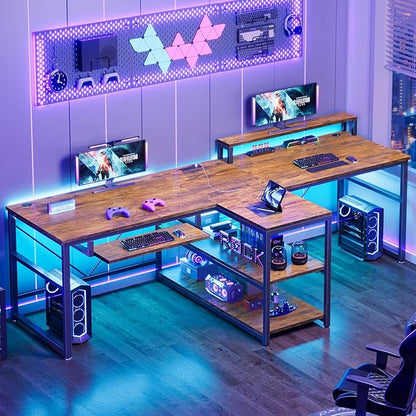 SEDETA 94.5" Home Office Desks, Computer Gaming Desk with Storage, LED Lights, Power Strip with USB, Keyboard Tray & Monitor Stand, Extra Long Double Desk for 2 Person, Rustic Brown