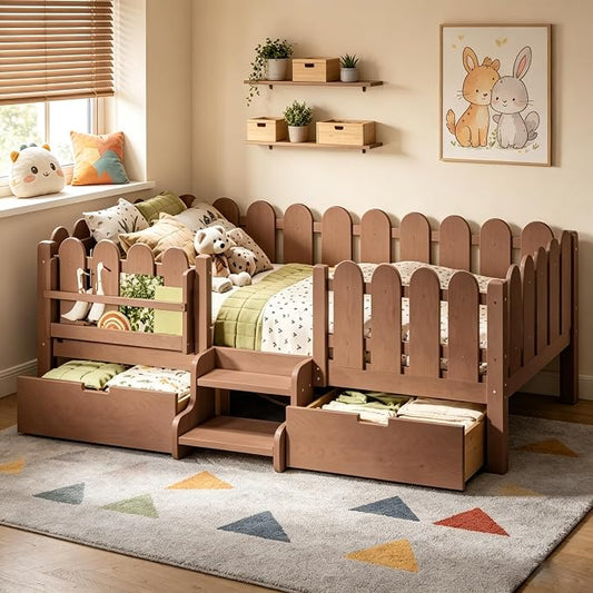 Bellemave Twin Size Platform Bed with Storage Drawers & Bookshelf for Boys Girls, Kids Twin Bed Frame with LED Lights & Stairs for Children's Room, Deep Natural