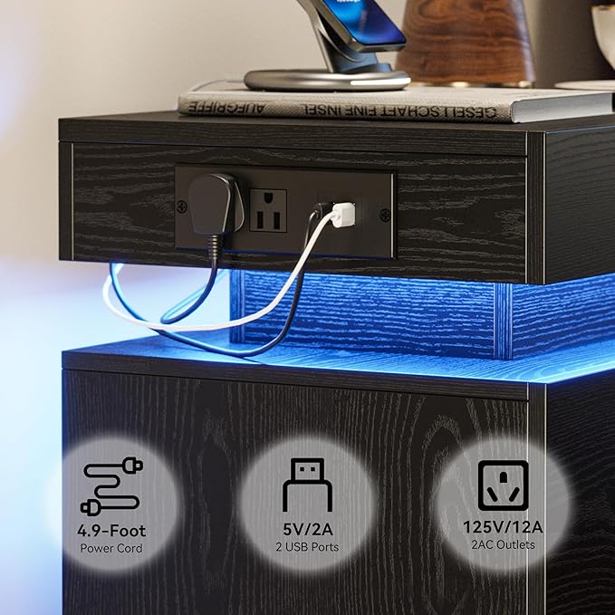 LIKIMIO Nightstand Set of 2 with Charging Station LED Light 2 Drawers Black | set of 2; bedside table; end table; charging station; LED light; 2 drawers; black wood grain; small space