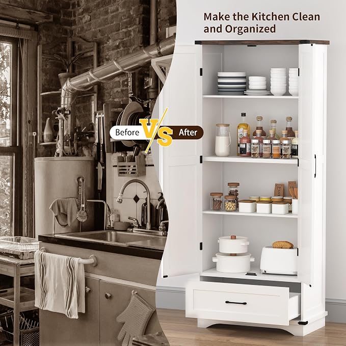71" Farmhouse Kitchen Pantry Storage Cabinet with Drawer & 2 Barn Doors, Freestanding Cupboard with Adjustable Shelves, Modern Floor Cabinet for Kitchen, Dining Room, Living Room, White