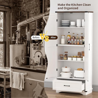 71" Farmhouse Kitchen Pantry Storage Cabinet with Drawer & 2 Barn Doors, Freestanding Cupboard with Adjustable Shelves, Modern Floor Cabinet for Kitchen, Dining Room, Living Room, White