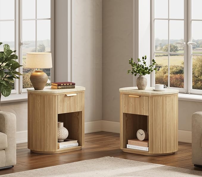 Fluted Marble Nightstand Set of 2, 23.6" Large Bedside Side Table with Drawer, Wood End Table with Storage, Curved Round Corner, Furniture Bedroom Sofa, Mid Century Modern,Oak, Marble