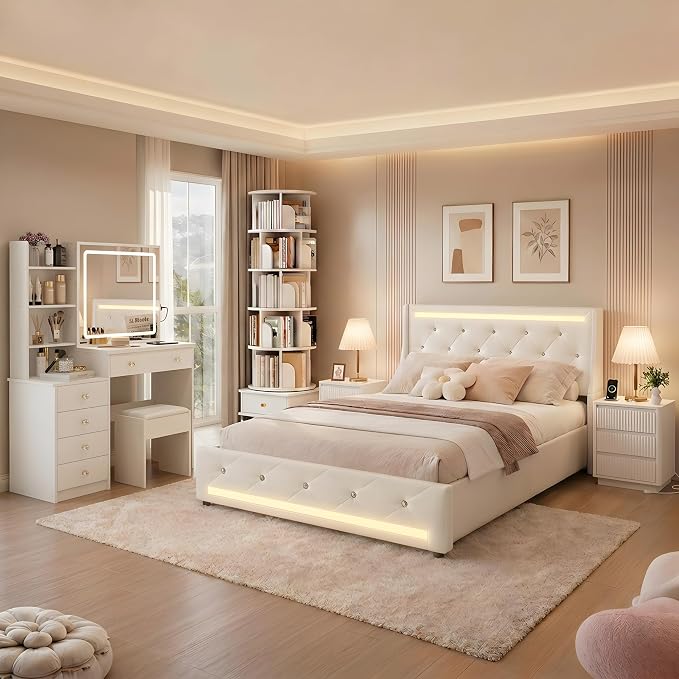 5 Pieces Full Bedroom Set, PU Fabric Metal Bed Frame with Charge Port& LED, 6 Tier Rotating Bookshelf, Vanity Table with Sliding Light Mirror& Hair Dryer Holder, 2 Nightstands with Charge