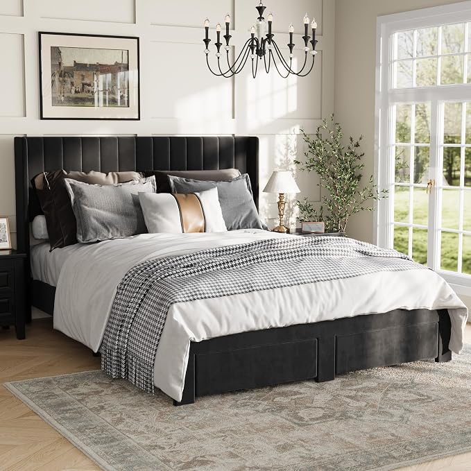 IDEALHOUSE Queen Bed Frame with Wingback Headboard, Velvet Upholstered Platform Bed with 2 Storage Drawers, Vertical Tufted Headboard Design, Wooden Slats Support, No Box Spring Needed, Black