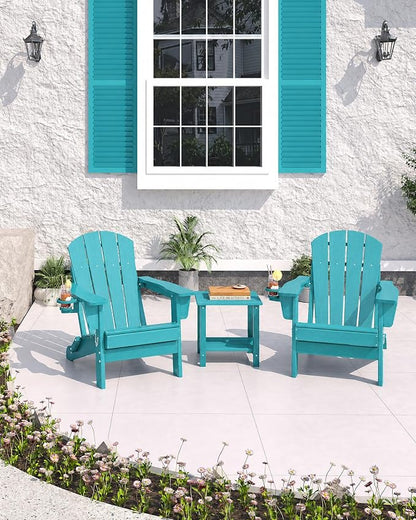 Garvee Folding Adirondack Chair Set of 2, HDPE Outdoor Patio Chair with Cup Holder, All Weather Resistent Wooden Textured for patios, Decks, Gardens, fire Pit, Lake Blue