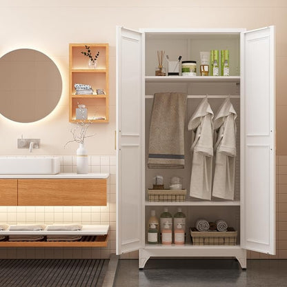 Armoire Wardrobe Closet with Hanging Rod, 71" Tall Metal Clothes Storage Cabinet with Doors and Adjustable Shelves, White Wardrobe Cabinet, Steel Closet for Bedroom, Bathroom, Office, School