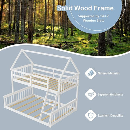 Giantex Wood Twin Over Full Bunk Bed, Solid Wood House Bed Frame Built in Ladder & Safety Guardrails, Convertible to 2 Beds, Floor Bunk Bed for Kids Teens Juniors, No Box Spring Needed, White