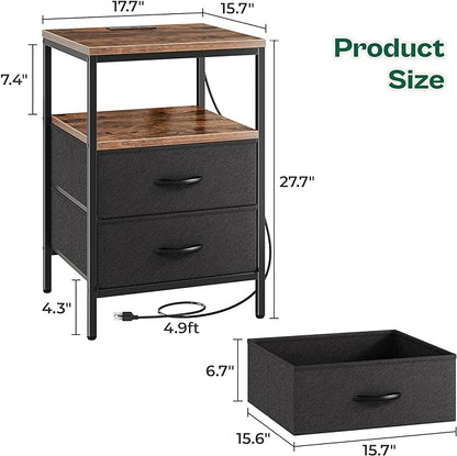Huuger Night Stand with Charger Station, 27.7 Inch Tall Nightstand, Bed Side Table with 2 Fabric Drawers, Fabric Drawer Dresser for Bedroom, Living Room, Rustic Brown and Black