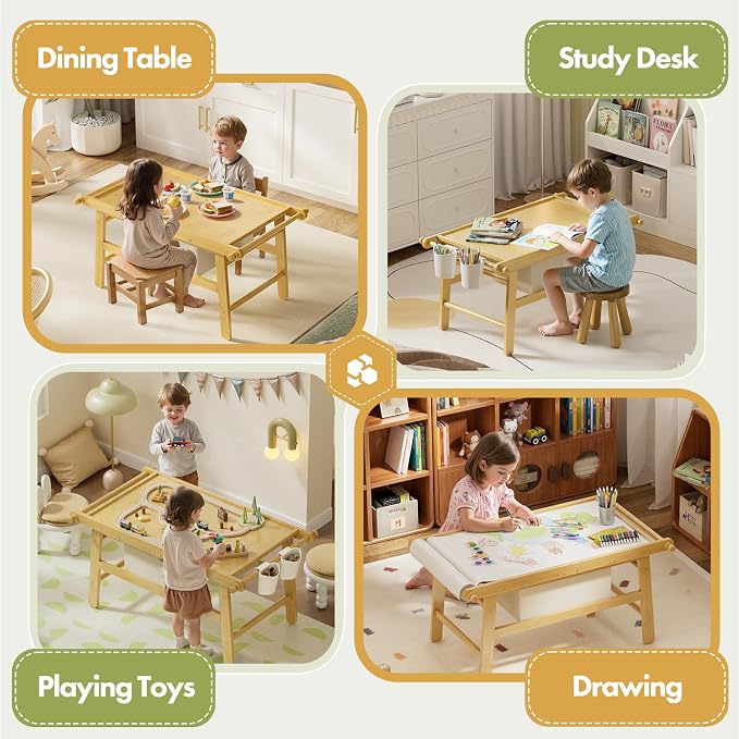 Kids Train Table with Storage, 5 in 1 Bamboo Activity Table for Building Blocks, Wooden Play Desk for Toddlers Ages 3-10, Multi-Functional Kids Table for Art, Drawing, Learning and Dining