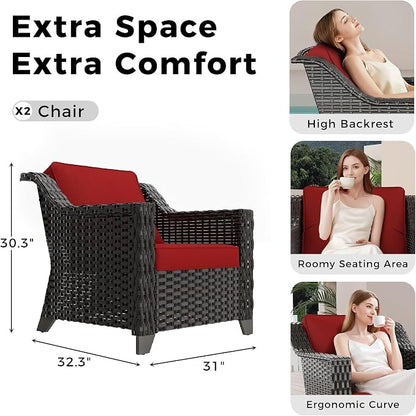 Patio 2 Pieces Wicker Chairs Set of 2，Outdoor PE Rattan Armchairs, Water-Resistant Cushions with Removable and Washable Covers, Porch, Balcony, Sunroom (Red)