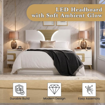 Kings Brand Furniture Claire 6-Piece Queen Size Bedroom Set - Bed with LED Headboard, Dresser, Mirror, Chest and 2 Nightstands, White/Gold