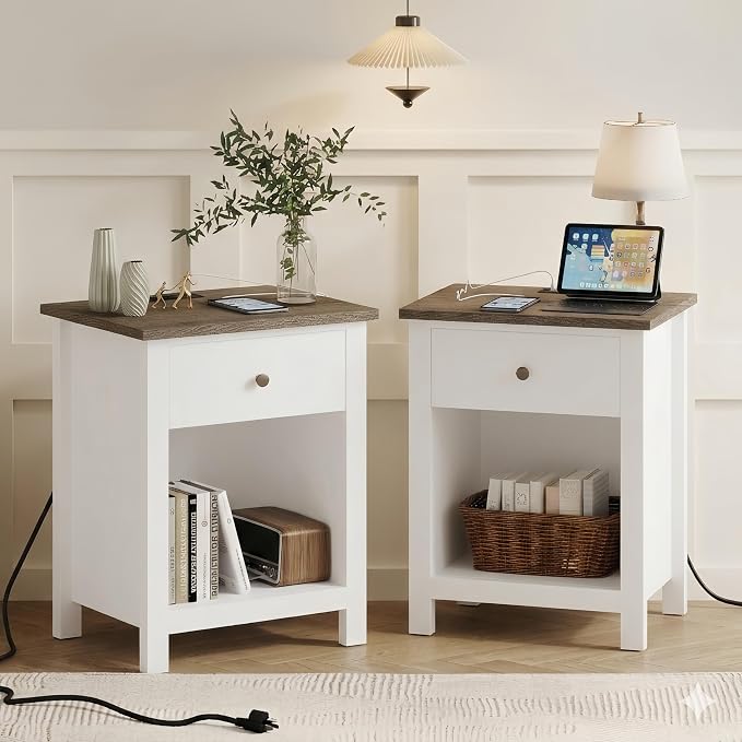 ChooChoo Farmhouse Nightstand Set of 2,Night Stand with Charging Station, Wooden Top Bedside End Table with Drawer and Storage Space for Bedroom, White