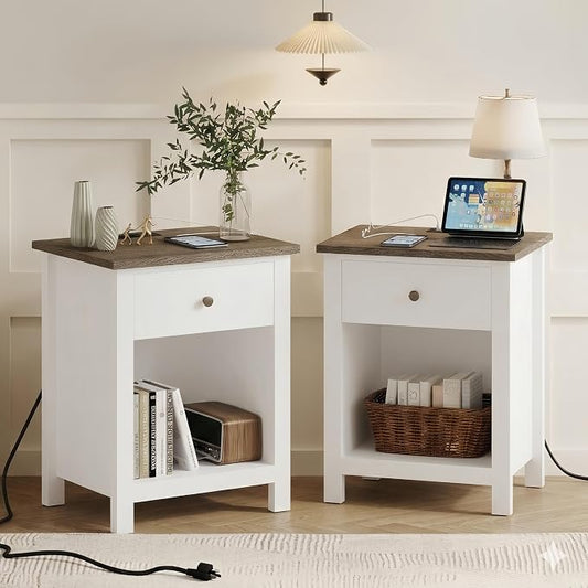 ChooChoo Farmhouse Nightstand Set of 2,Night Stand with Charging Station, Wooden Top Bedside End Table with Drawer and Storage Space for Bedroom, White