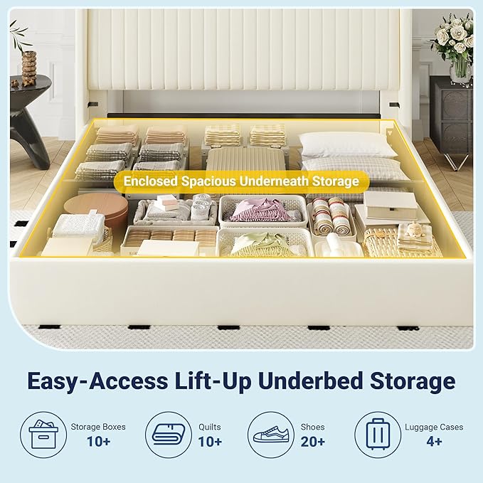 Allewie King Size Lift Up Storage Bed Frame, Hydraulic Support System, Upholstered Platform Bed Frame, Underneath Storage, Vertical Channel Tufted Headboard with Wingback, No Box Spring Needed, Cream