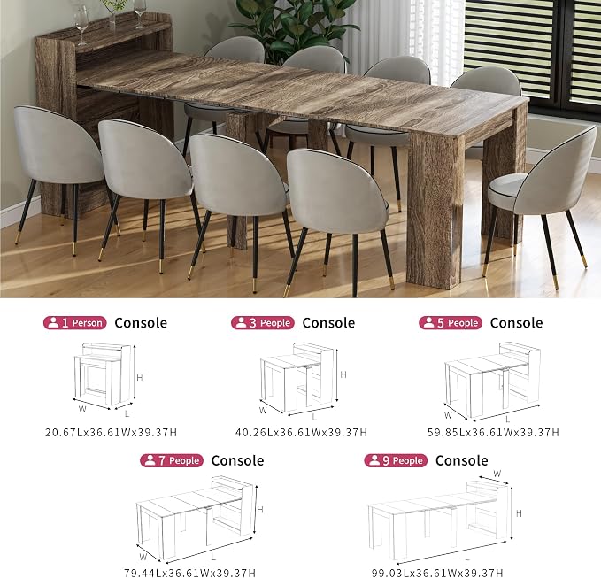 Expandable Foldable Dining Table with Storage, 30”-88.4”L Space-Saving Wood Table for 1–10 People, Modern Rectangular Kitchen Dining Room Furniture, Grey