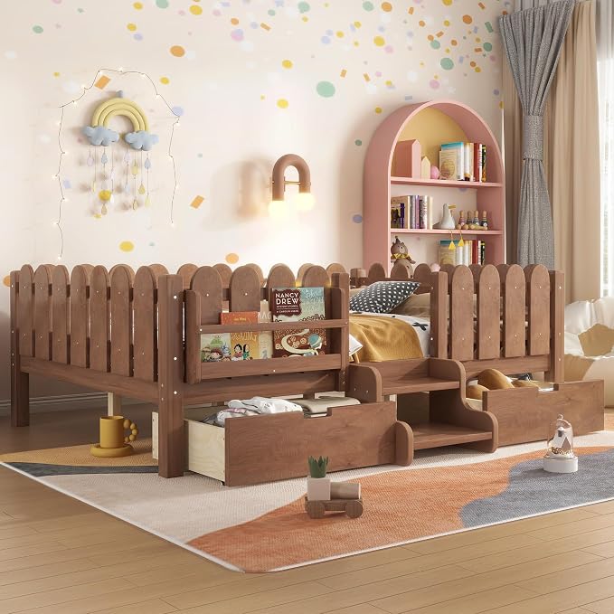 Bellemave Full Size Montessori Bed with Stairs, Lights, Rails and Slats, Full Size Montessori Floor Bed with Bookshelf and 2 Storage Drawers, Easy Assemble Beds Frame for Girls, Boys, Natural