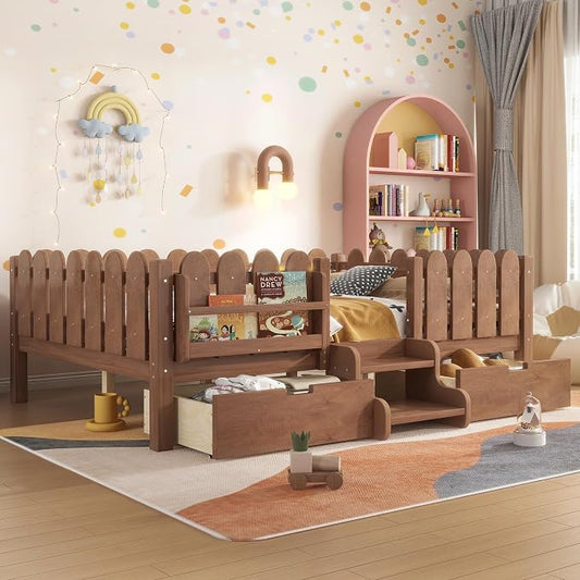 Bellemave Full Size Montessori Bed with Stairs, Lights, Rails and Slats, Full Size Montessori Floor Bed with Bookshelf and 2 Storage Drawers, Easy Assemble Beds Frame for Girls, Boys, Natural