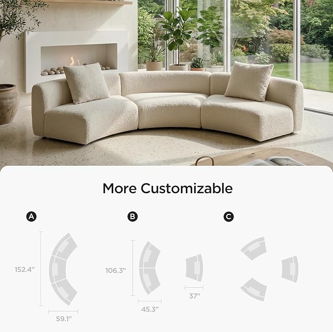 Acanva Formia Boucle Curved Sectional Sofa, 3 Armless Chairs, White | Modular Couch, Modern Minimalist, Wood Frame, For Living Room, Apartment, Home Office