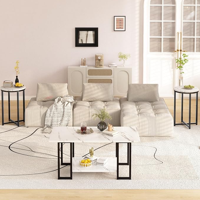 Lamerge 3 Pieces Living Room Table Set, Faux Marble Coffee Table with 2 Round End Side Tables, Coffee Table Set with Metal Frame for Apartment Home Office, White Black