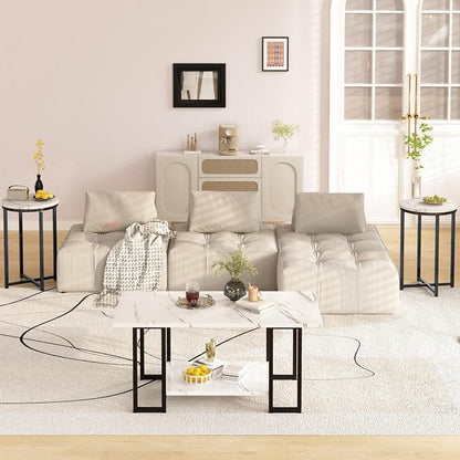 Lamerge 3 Pieces Living Room Table Set, Faux Marble Coffee Table with 2 Round End Side Tables, Coffee Table Set with Metal Frame for Apartment Home Office, White Black