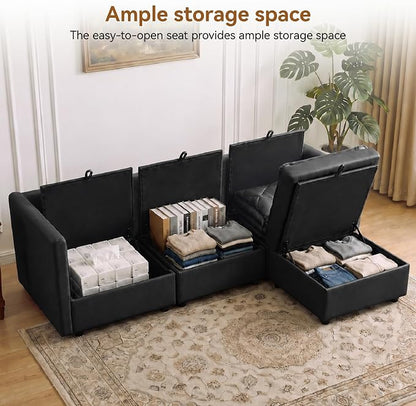 80" Black Faux Leather Storage 3 Seater Sofa with Ottoman, Comfy Couch | Convertible Modular Sectional Sofa, L Shaped Oversized Couch, Upholstered Large Cloud Couch For Living Room, Apartment.