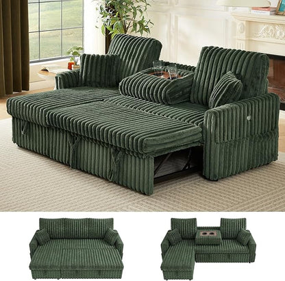 KCGKCG Sleeper Sofa Bed, 81” Pull Out Couch Bed with Reversible Storage Chaise, 3 in 1 L-Shaped Couch with Charging Station, Cup Holder, Side Pocket, Plush Corduroy Couches for Living Room(Green)