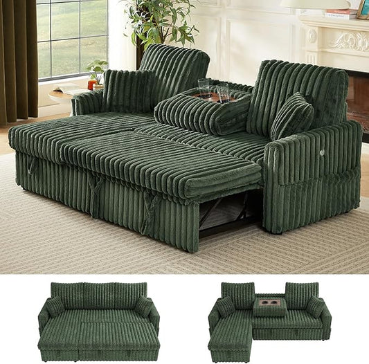 KCGKCG Sleeper Sofa Bed, 81” Pull Out Couch Bed with Reversible Storage Chaise, 3 in 1 L-Shaped Couch with Charging Station, Cup Holder, Side Pocket, Plush Corduroy Couches for Living Room(Green)