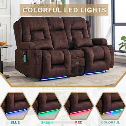 URRED Power Loveseat Recliner Sofa with Massage and Heat, Wall Hugger Reclining Loveseat with Console, RV Couch Home Theater Seating with LED Lights for Living Room (Brown, 67" - 2 Seats)