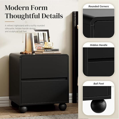 Furniway Black Nightstand Set of 2, Modern 2 Drawer Bedside Table with Curved Profile Design and Handle-Free Drawers, Modern End Table with Storage for Bedroom