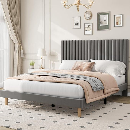 IDEALHOUSE Queen Bed Frame with Adjustable Headboard, Velvet Upholstered Platform Queen Size Bed Frame, Vertical Channel Tufted, Strong Wooden Slats, No Box Spring Needed, Easy Assembly, Grey