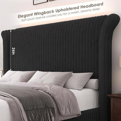 Keyluv Queen Bed Frame with 54” Tall Faux-Fur Wingback Headboard, Upholstered Platform Bed with LED Light, Mattress Foundation with Solid Wooden Slats Support, No Box Spring Needed, Noise-Free, Black