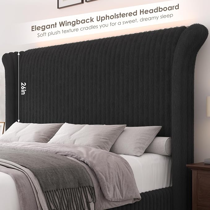 Keyluv King Bed Frame with 54.3” Tall Faux-Fur Wingback Headboard, Upholstered Platform Bed with LED Light, Mattress Foundation with Solid Wooden Slats Support, No Box Spring Needed, Noise-Free, Black