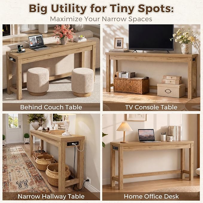 Cyclysio 63" Console Table with Charging Station, 13.8" Deep Farmhouse Sofa Table Behind Couch with 2 AC Outlets & 3 USB Ports, Long Entryway TV Console or Home Office Desk, Natural Oak