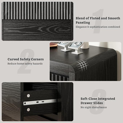 LYNSOM 6 Drawer Dresser for Bedroom, 50" Wide Fluted Dresser with Curved Corners, Wood Dressers & Chests of Drawers with Dual-Panel Design for Bedroom, Entryway, Black