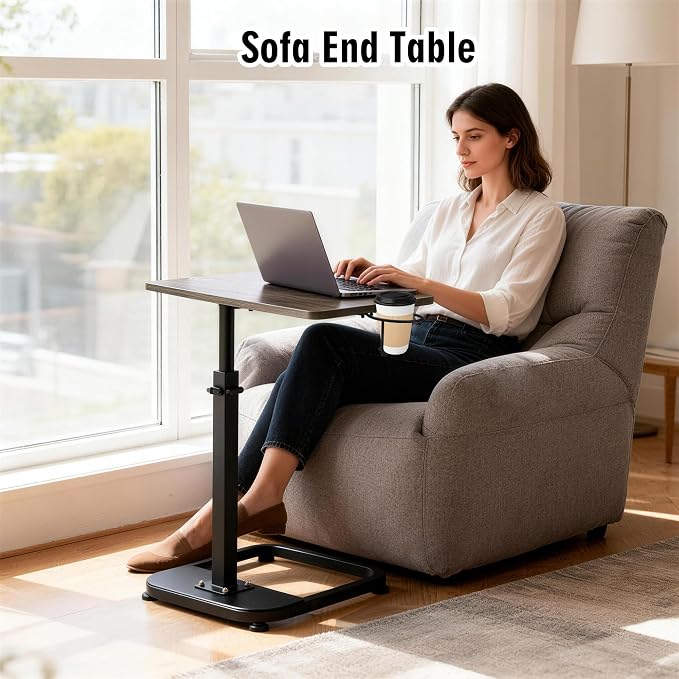 facka Adjustable Gray TV Tray Table with Rounded Metal Corners, C-Shaped Snack Table for Couch, Sofa, Bed or Chair, Small Space Side Table for Eating, Dinner, or Laptop Use