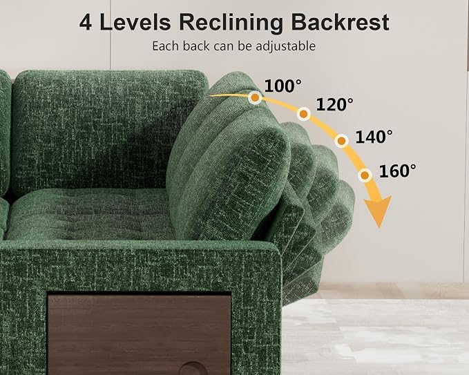 Vipbear 7 Seat L Shaped Modular Sectional Sleeper Sofa Bed with Ottoman/Pull Out Bed/Reclining Backrest/USB Ports/Table/LED Light/Storage Seat, Tool-Free Assembly, Chenille Green